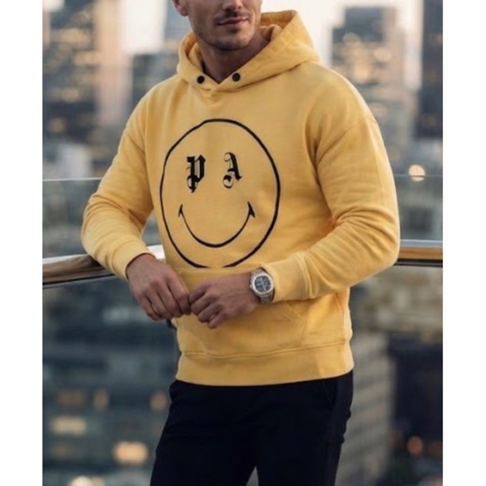 Palm Angels x Smiley Happy Collection Yellow Hoodie Mens Small PA Logo‎ Graphic